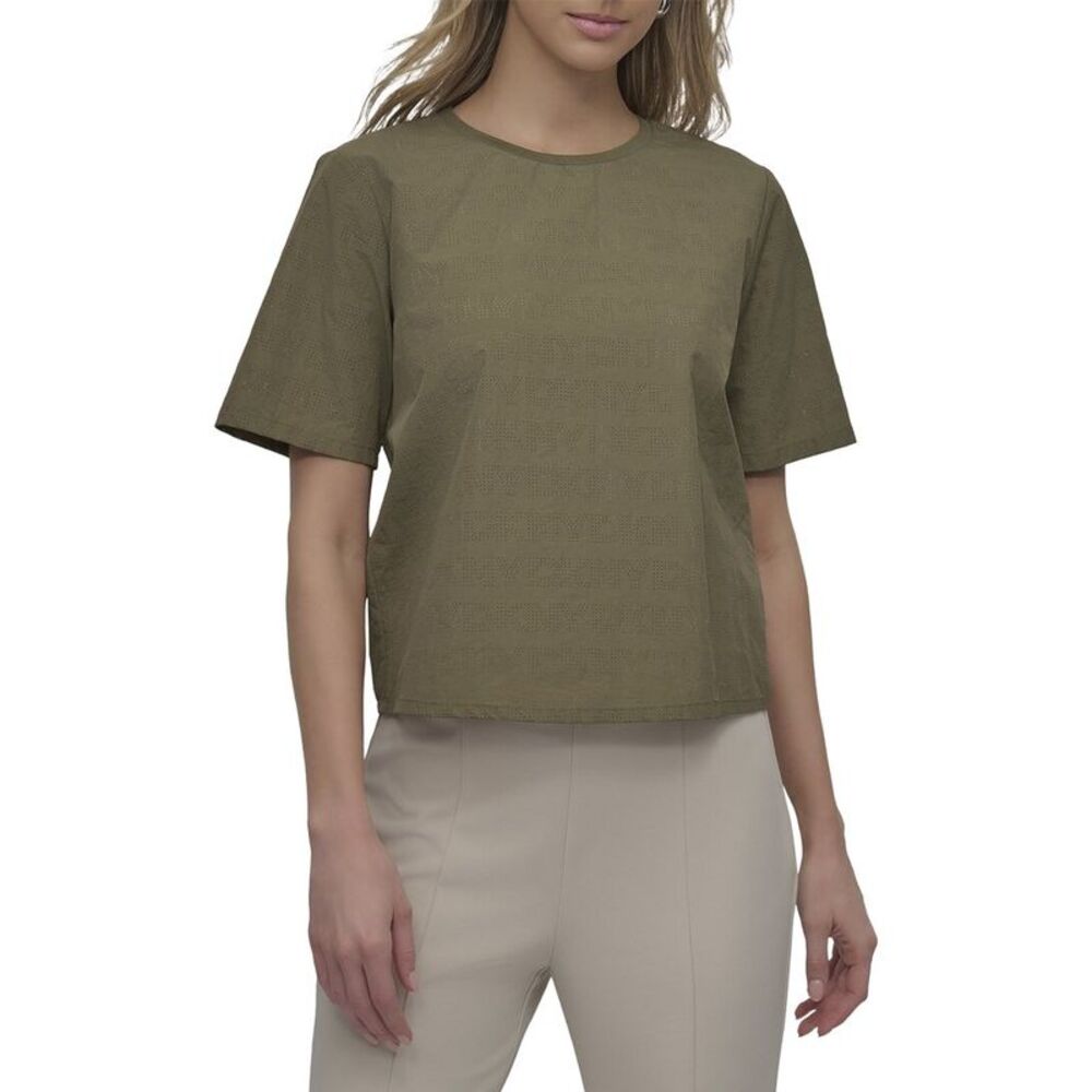 Dkny Womens Perforated Logo Boxy T-Shirt, Green